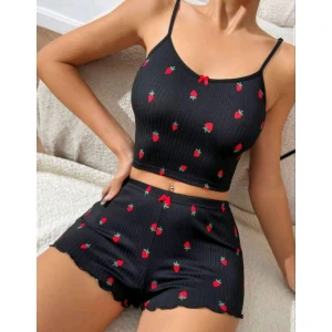 Kadın Siyah Çilek Desenli Seksi Gecelik Takım 6644