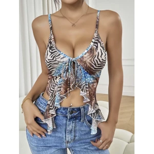 Kadın Siyah Leopar Desenli Crop Askılı Önden Bağlama Fırfır Detaylı 5091