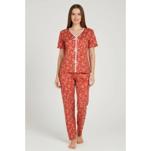 Kadın Turuncu Kalp Desenli Fiyonklu Kısa Kollu Uzun Pijama Takımı