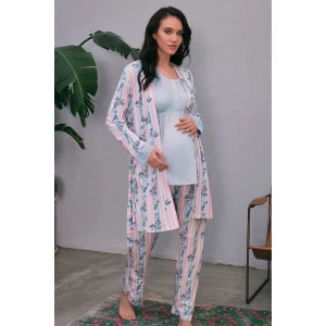 Kadın Viskon Hamile Lohusa Dantelli Sabahlık Önden Açılan Emzirme T-shirt Ve Pantolon Pijama 3lü Takım