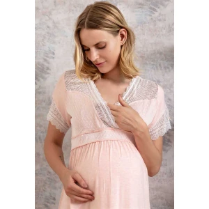 Kadın Viskon Hamile Lohusa Dantelli Sabahlık Ve Önden Açılan Emzirme Uzun Gecelik Elbise Takım