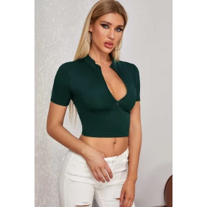 Kadın Yeşil Yarım Fermuarlı ve Kısa Kollu Crop Top Bluz