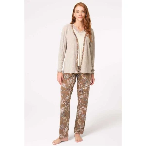 Kalın Askılı V Yaka Viskon Çiçek Desenli Kışlık Örme Normal Bel Düğmeli Dantel Detaylı Pijama Takımı Sabahlık