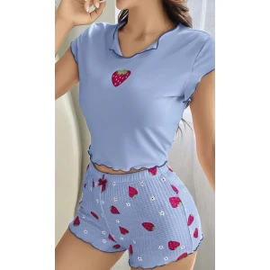 Mavi Önü Çilek Detaylı Şortlu Gecelik Takımı