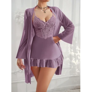 Özel Tasarım Dantel İşlemeli Fırfırlı Sabahlıklı 2li Mor Gecelik Takımı