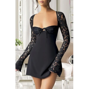 Özel Tasarım Dantel İşlemeli Şık Uzun Bolerolu Siyah Fantezi Mini Club Elbisesi