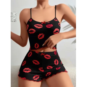 Pamuklu Kiss Öpücük Desen Siyah Fitilli Şortlu Pijama Takımı
