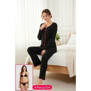Premium Kadın 4’lü Fitilli Set – Siyah Kırmızı Biyeli (pijama Üst, Pantolon, Bikini Takımı)