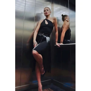 Püsküllü Deri Etek, Şık Deri Etek, Uzun Deri Etek, Siyah Deri Etek - Brf637