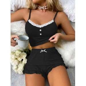 Siyah Likralı Düğmeli Yumuşacık 2li Pijama Takımı