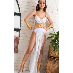 Tanrıça Temalı Beyaz Altın Seksi Fantazi İç Giyim Kostüm,zincir Detaylı, Transparan Şifon Etekli Set