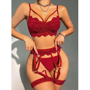 Transparan Bordo Dantel İşlemeli Sütyenli Jartiyer Takımı