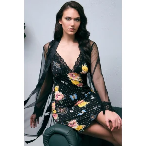 Tül Sabahlık Ve Viskon Çiçek Baskılı Dantelli Kısa Gecelik Takım
