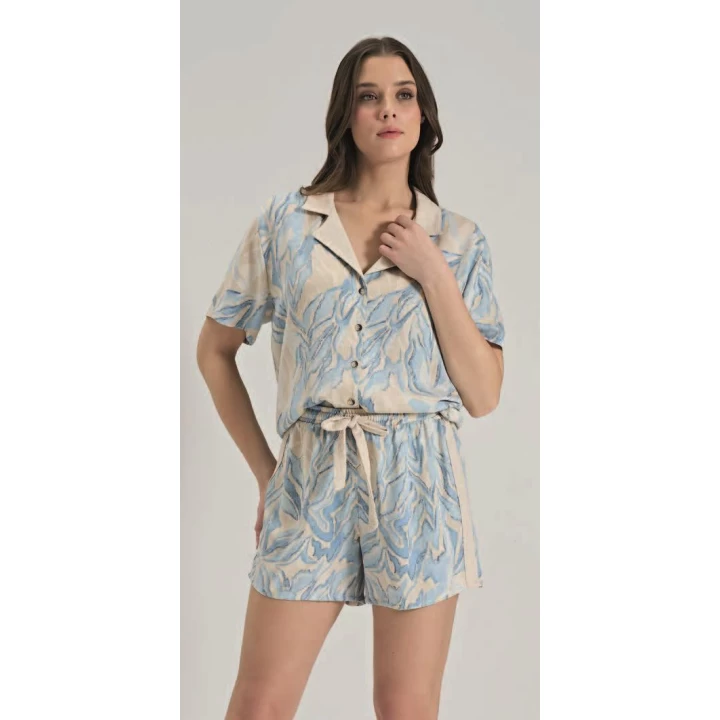 %100 Viskon Dokuma Önden Düğmeli Mavi Şortlu Pijama Takımı