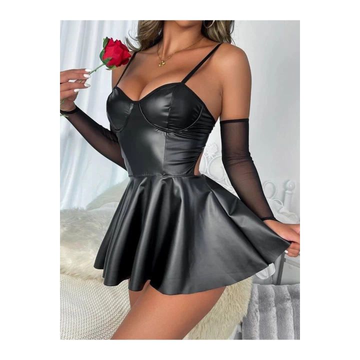 Kadın Seksi Kolluk Detaylı Siyah Lame Deri Elbise