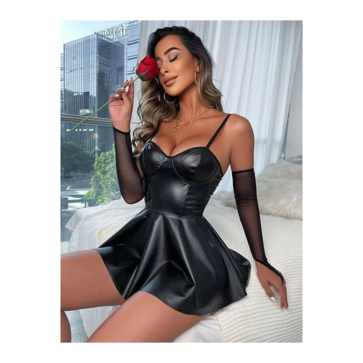 Kadın Seksi Kolluk Detaylı Siyah Lame Deri Elbise
