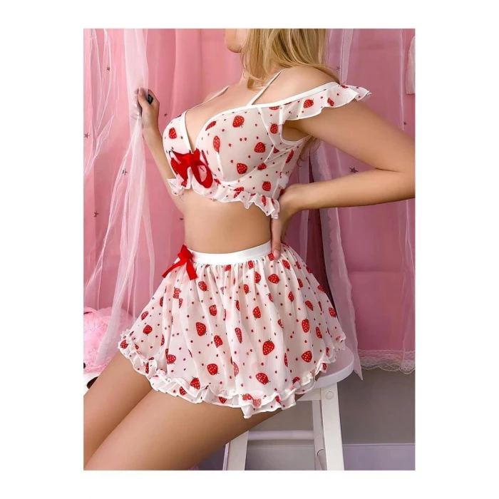 Beyaz Üstüne Çilek Desenli Etekli Fantezi Sütyen Takımı