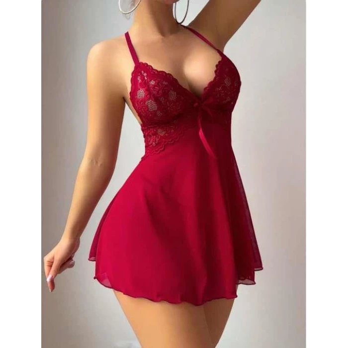 Bordo Dantel İşlemeli Boyundan Bağlamalı Likralı Fantezi Tül Gecelik