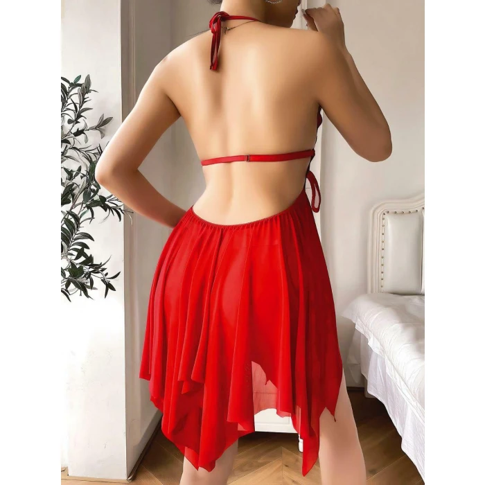 Göğüs Kelebek Detaylı Fantezi Tül Kırmızı Gecelik