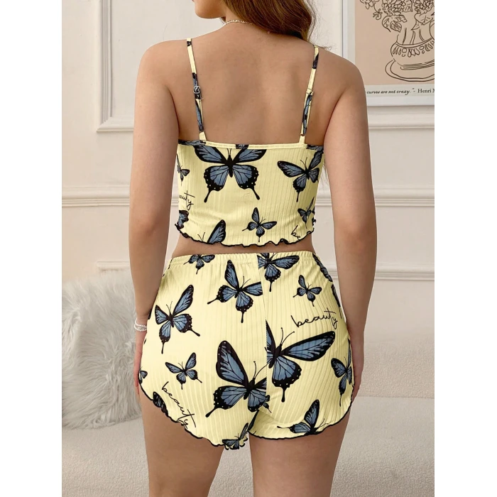 Kadın Sarı Kelebek Desenli Askılı Şortlu Ribana Pijama Takımı,rahat Ve Şık Ev Giyim,kadın Pijama