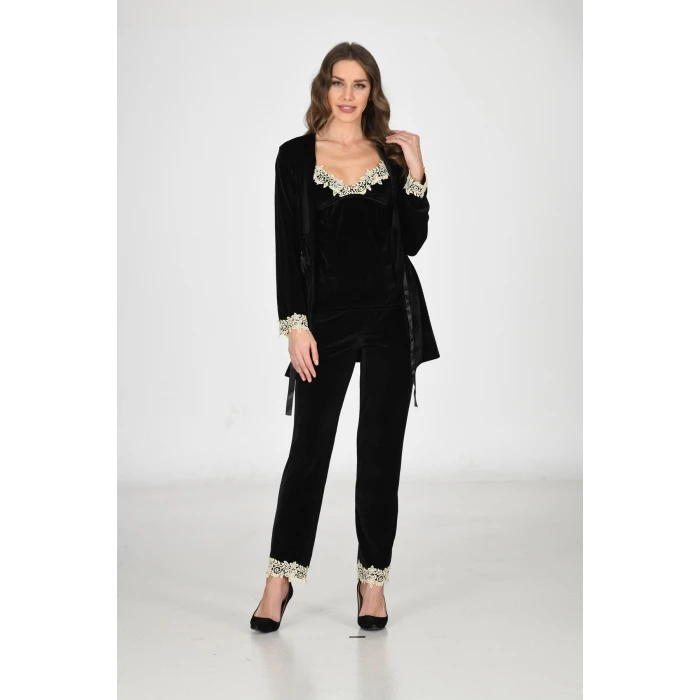 Siyah Kadife Sabahlık & Gecelik Takım 3 Lü - 1441