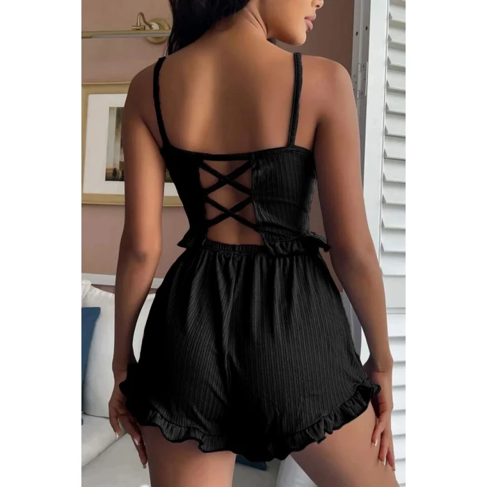 Siyah Mini Arkası Çapraz İpli Şortlu Pijamatakımı