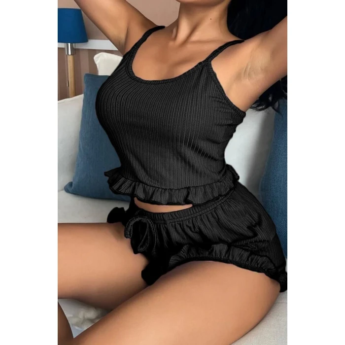 Siyah Mini Arkası Çapraz İpli Şortlu Pijamatakımı