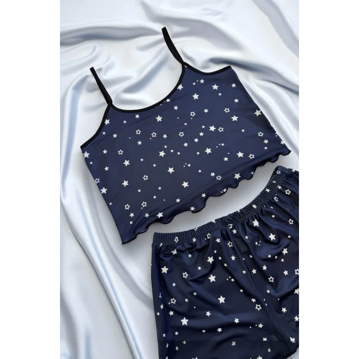 Yıldız Desenli Lacivert Askılı Şortlu Gecelik