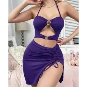 Kadın Mor Fantezi Elbise Önden Büzgü Dekolteli 5083