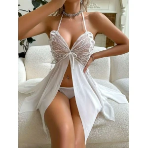 Kelebek Görünümlü Fantezi Tül Beyaz Gecelik