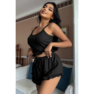 Siyah Mini Arkası Çapraz İpli Şortlu Pijamatakımı