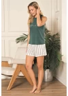%100 Pamuklu Dokuma Çizgili Yeşil Şortlu Pijama Takımı