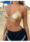 Altın Sarısı Deri Görünümlü Çapraz İpli Bikini Üstü – Bağlamalı, Seksi Ve Parlak
