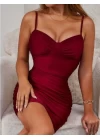 Bordo Büzgülü Mini Club Elbisesi