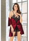 Bordo Kadife Dantelli Sabahlık & Gecelik Takım 2 Li - 1392