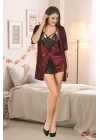 Bordo Kadife Dantelli Sabahlık & Gecelik Takım 2 Li - 1392