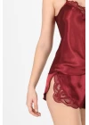 Bordo Saten Babydoll Şortlu Takım - 281