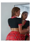 Kadın Seksi 6 Parça Ekose Etekli Büstiyerli Liseli Kız Fantezi Kostüm