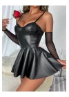 Kadın Seksi Kolluk Detaylı Siyah Lame Deri Elbise