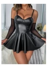 Kadın Seksi Kolluk Detaylı Siyah Lame Deri Elbise