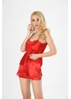 Kırmızı Saten Babydoll Şortlu Takım - 282