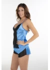 Mavi Siyah Saten Babydoll Şortlu Takım - 292