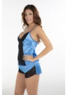 Mavi Siyah Saten Babydoll Şortlu Takım - 292