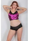 Mor Saten Dantelli Babydoll Şortlu Takım - 287