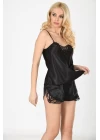 Siyah Saten Babydoll Şortlu Takım - 283