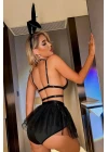 Siyah Seksi Tavşan Kulaklı Tül Etekli Fantezi Kostüm