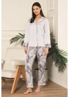 Viskon Jakarlı Önden Düğmeli Desenli Pijama Takımı