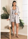 Viskon Jakarlı Sabahlıklı Desenli Şortlu Pijama Takımı