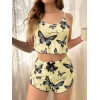Kadın Sarı Kelebek Desenli Askılı Şortlu Ribana Pijama Takımı,rahat Ve Şık Ev Giyim,kadın Pijama