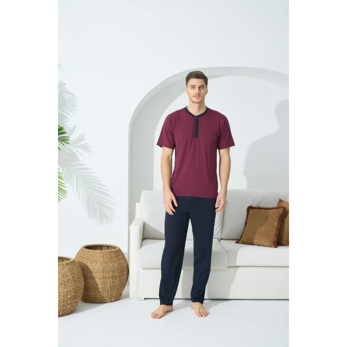 9513 Erkek  Midi Yaka Kısa Kol Pijama Takım